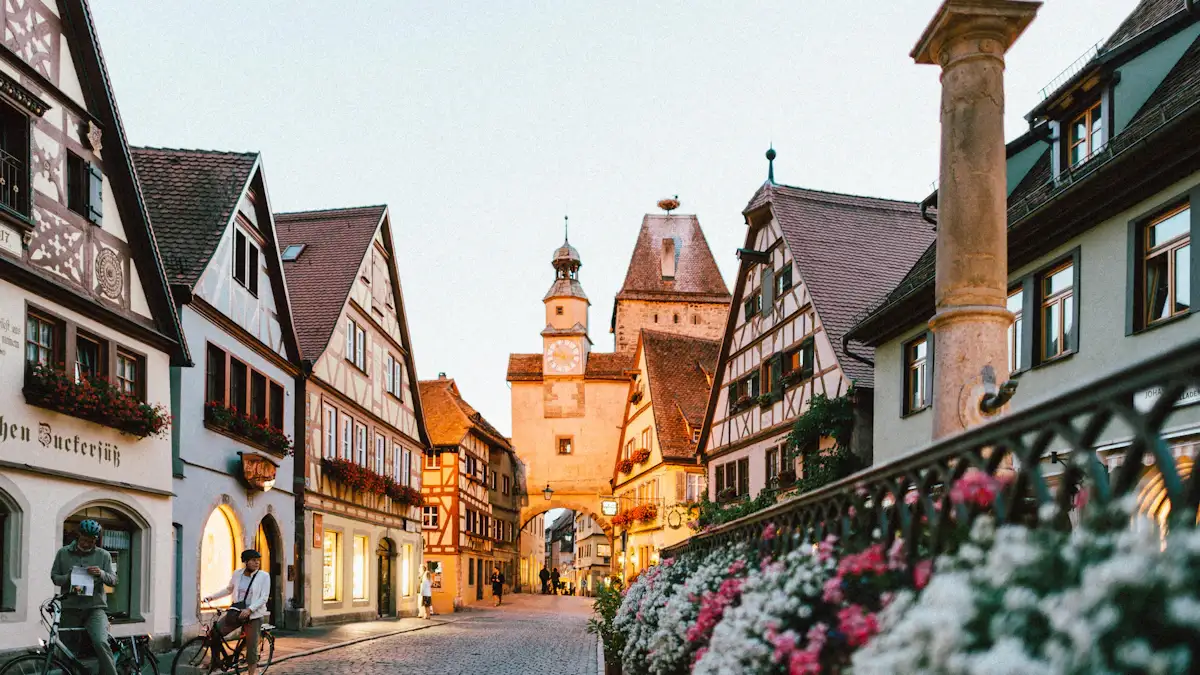 Colorful half-timbered houses on a cobbled street in a German old town