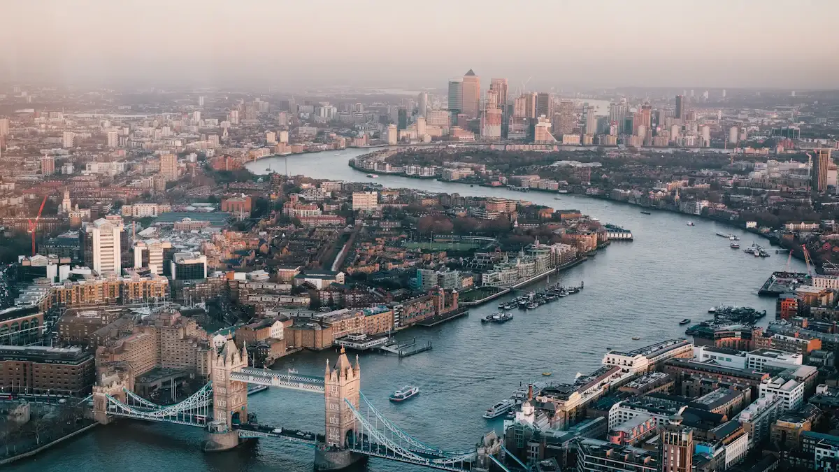 Aerial view of the River Thames and Tower Bridge in London