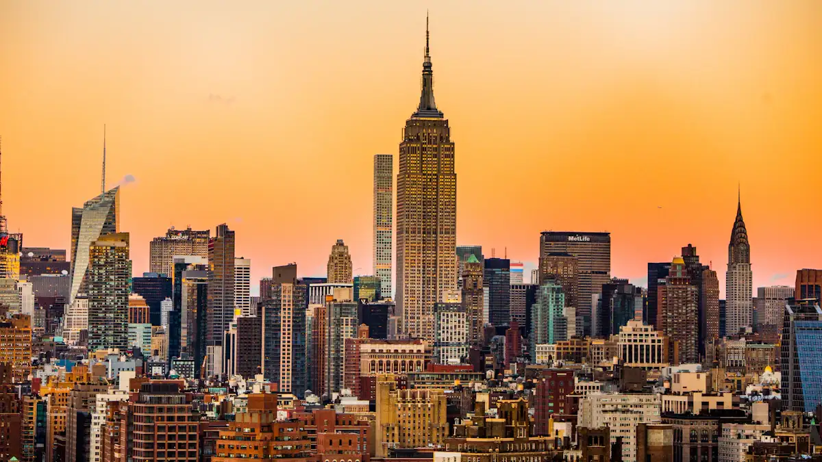 New York City skyline with the Empire State Building at sunset
