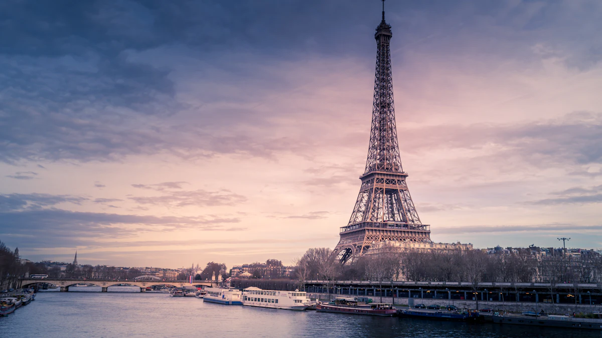 The Eiffel Tower and the River Seine at dusk in Paris