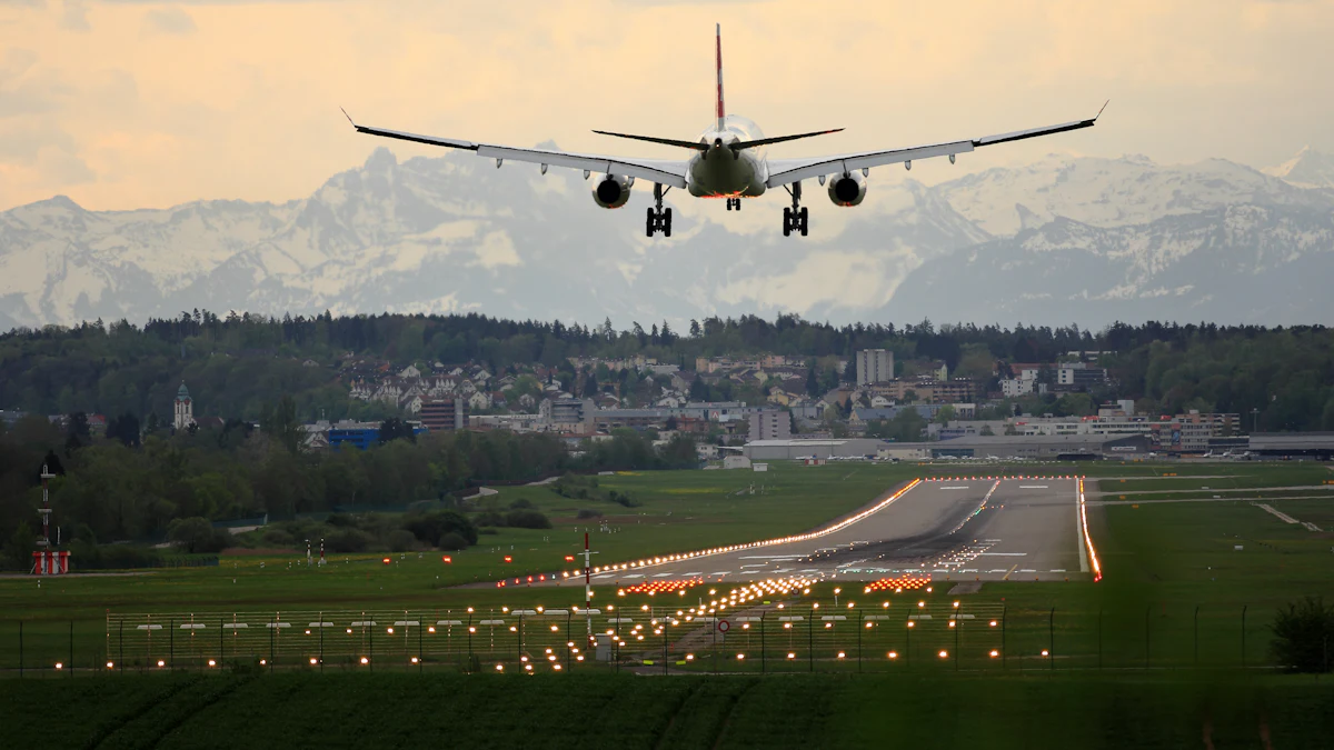 Airplane landing on a runway with mountains behind