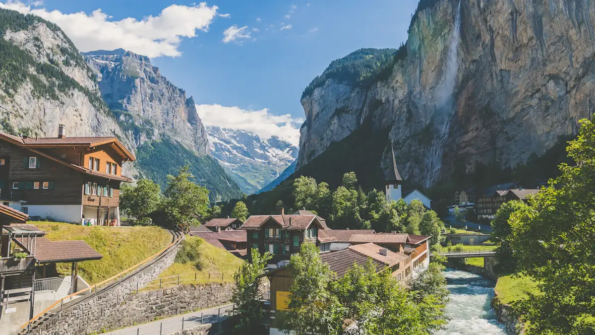 Lauterbrunnen valley with waterfalls and alpine chalets in Switzerland